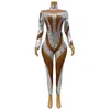 Stage Wear Sparkly Silver Mirrors Jumpsuit Women'S Party Gogo Dance Costume Sexy Mesh Stretch Leotard Performance Festival Outfit