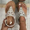 Sandálias casuais boêmio sapatos de praia cristal strass decoração vieira guarnição tanga sandálias moda vestido sandálias festa de casamento sapatos femininos t240302