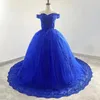 Autumn Vestidos Blue Quinceanera Dress With Trian Elegant Off The Shoulder Ball Gown Luxury Party Plus Size Prom 240227