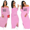 Grundläggande avslappnade klänningar plus storlek Casual Bodycon Women Cold Shoulder Letter Package Hip Sexig Ny snedstreck långärmad split klänningar 240302