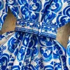 Vestidos casuais básicos vestidos casuais básicos outono vintage vestido de natal pista gola longa lanterna manga azul e branco porcelana curto vestidos 240302