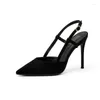 Dress Shoes LIHUAMAO Black Suede Women Stiletto Heels Slingbacks Ankle Strap Pointed Toe Sexy Ladies Pumps Wedding Party