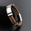 Pulseras de encanto Doble trenzado Retro Pulsera de cuero genuino Acero inoxidable Squre Bead para hombres con cierre magnético