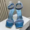 Amina Muaddi Rih Sandálias Mulheres Square Toes Stiletto Heel Party Dama de Honra Casamento Sapatos de Noite 11cm PVC Cristal Incrustado Chinelo Sapatos de Designer de Luxo com caixa