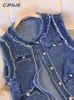 CJFHJE Blau Frühling Herbst Flow Ärmellose Tank Top Mantel Frauen Einreiher Plaid Denim Weste Weibliche Quaste Elegante Dame Westen 240229