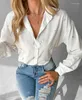 Kvinnors blusar Kvinnor Elegant Rhinestone Turn-Down Collar Lång ärm Top Work Kvinnliga klädtemperament Pendling Fashion Shirt