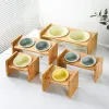Feeding Cat Double Triple Ceramic Bowl Pet Elevated Food Water Feeders Dogs Drinking Eating Accessories with Wooden Stand