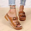 Slippers Fashion Double Buckle Wedge Slippers Women Summer 2023 Brown PU Leather Platform Sandals Woman Casual Non Slip Beach Flip Flops T240302