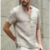 Men's Casual Shirts 2024 High Quality Linen V Neck Bandage T Male Solid Color Long Sleeves Cotton T-shirt Tops Sale