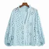 Women Lace Shirt Hollow Out Embroidery Blouse White Blue Green Rose Pink Summer Clothing Modern Girl Blusa Tops 240223