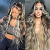 Ash Blonde Highlights 13x4 Lace Front Human Hair Wig for Women Black Roots Ombre Body Wave Synthetic Wig Pre PluckedINX9 INX9