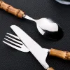 Sets 24Pcs Tableware Sets Bamboo Handle Stainless Steel Cutlery Set Creative Dinnerware Knife Fork Spoon Mirror Flatware