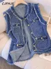 CJFHJE Blau Frühling Herbst Flow Ärmellose Tank Top Mantel Frauen Einreiher Plaid Denim Weste Weibliche Quaste Elegante Dame Westen 240229