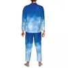 Mäns sömnkläder mjuka molnpyjama sätter djupblå himmeltryck söt par långärmad vintage fritid 2 -stycken hemdräkt plus storlek 2xl