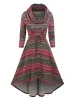 Dresses Lace Up Colorful Stripe Cowl Neck High Low Dress Striped Midi Women New Autumn Fashion Vintage Female Retro Xxxl Vestidos