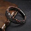 Charm-Armbänder ZG Herren-Armband, natürlicher Tigerauge-Achat-Stein, Kreuz, Titanstahl, mehrschichtig, geflochtenes Leder, Armreif, männlicher Schmuck