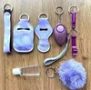 Nyckelringar 30 färger 9 st/sets försvar nyckelring set larm pompom hand sanitizer handled rem läppstift nyckelchains öppnare kvinna män självförsvar Keyring 240303