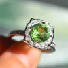 Cluster Rings 925 Silver Sparkling Olive Green Geometric Zircon Ring for Women Four Prong Diamond Party Birthday Present