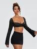 Blouses Femmes Femmes À Manches Longues Blouse Maille Dentelle Garniture Col Carré Corset Crop Tops Tie-Up Dos Nu Sexy Chemises Rétro Printemps Été