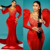 African Red Prom Dresses Evening Elegant Dresses for Special Occasions Mermaid Illusion Velvet Evening Gowns Formal Dresses Puffy Sleeves Beaded Lace Gowns AM453