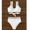 Maillots de bain pour femmes Taille haute Bikini Femmes Solide Blanc Rianbow Strap Push Up Cross Bandage Maillot de bain Beach Maillot de bain Bikinis Set 2024