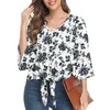 Women's Blouses Vintage V Neck Three Quarter Sleeve Shirt Blouse Women Elegant Flared Bow Tie Casual Loose Summer Top