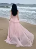 Casual klänningar sommarrosa elegant veckad hög midja delad lång klänning kvinnor mode backless grimma stropplös älva kvinna 2024 vestido