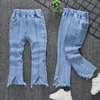 Kids Girls Denim Jeans Pants Spring Autumn Trousers Elastic Waistband Tassel Hem Bellbottom Style Long 90130 240227