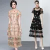 Casual Dresses Runway Vintage Print Midi Dress Womens Slå ner Neck Kort ärm High Street Slim Casual Party A-Line Shirt Dress 2024