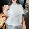 여성용 블라우스 흰색 blusas mujer 긴 플레어 슬리브 슬리브 시프 템퍼 프러플러스 허리 부드러운 한국 탑 부드러운 미니멀리스트 세련