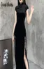 Lässige Kleider Frauen Retro Herbst Winter Langarm Bodycon Samt Offene Gabel Split Schwarz Qipao Chinesisches Kleid 2022 Herbst Kleidung1247945