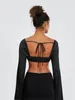 Blouses Femmes Femmes À Manches Longues Blouse Maille Dentelle Garniture Col Carré Corset Crop Tops Tie-Up Dos Nu Sexy Chemises Rétro Printemps Été