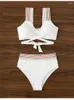 Maillots de bain pour femmes Taille haute Bikini Femmes Solide Blanc Rianbow Strap Push Up Cross Bandage Maillot de bain Beach Maillot de bain Bikinis Set 2024