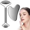 Verktyg ansiktsrulle rent rostfritt stål ansiktsmassager gua sha set ansiktsmassage verktyg för ansikte ögon hals kropp (silver)