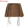 Y2K Zipper Laceup Mini Skirts Shorts Sashes Pleated Brown Grey White Blogger Streetwear Sexy Outfit Bottom 240227