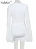 Robes décontractées Nadafair mousseline de soie col en V profond évasé à manches longues coupe slim mini robe sexy femmes printemps fête club noir blanc élégant