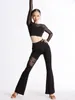 Stage Wear Vêtements de danse latine Femmes Noir Mesh Sleeve Tops Flare Pantalon Samba Rumba Dance Outfit Waltz Ballroom Practice DL11632