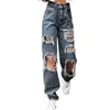 Jeans da donna con foro a vita alta con bottoni da donna, pantaloni in denim casual, tasche larghe, streetwear da donna, larghi, lunghi, per donne belle