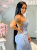 Echoine yaz seksi sırtsız dantel yukarı bandaj tulum kadın mavi sıska bodycon denim rompers kulüp kıyafetleri kot pantolon tulum 240301