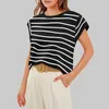 Women's T Shirts Cap Sleeve Top Summer Basic T-Shirt Casual Loose Fashion Solid Color Striped Short