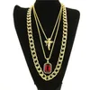 Mens Hip Hop Necklace Ruby Pendant Necklaces Fashion Cuban Link Chain Jewelry 3Pcs Set312W