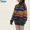 Yiciya vintage Rainbow Stripe Knit Cardigan tröja Retro Jacquard Högkvalitativ förtjockning Korean Fashion Women Sticked Harajuk 240219