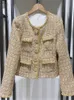 Женское твидовое короткое пальто с отделкой бисером и пуговицами с бриллиантами или женское элегантное мини-платье без рукавов с золотой нитью 240226