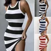 Casual Dresses Stylish Women Dress Vest Striped Print Mini For O-neck Bodycon Sundress With Slim Fit A-line Design