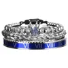 Luxury Roman Royal Micro Pave Blue CZ Crown Set Bracciale da uomo in acciaio inossidabile PulseirasOpen Goccia regolabile gioielli 240226