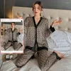 Kvinnors sömnkläder vår sommar lady faux siden polyester pyjama sätter sexig hemkläder casual loungewear v-ring pyjamas passar kvinnlig