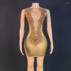 Stadiumkleding Mode Vieren Avondjurken Vrouwen Stretch Gouden Steentjes Jurk Zanger Gogo Danskostuum Festival Outfit XS7385