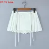 Y2K Zipper Laceup Mini Skirts Shorts Sashes Pleated Brown Grey White Blogger Streetwear Sexy Outfit Bottom 240227