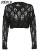 Geperforeerde uitgeholde gebreide blouse zonnebrandcrème lange mouw top gothic donkerzwart sexy dunne trui dames zomer chique crop tops 240219