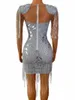 Stage Wear Women Sexy Silver Mirrors Crystals Chains Mesh Dress See Through Birthday Party Celebrate Fringes Costume Nightclub